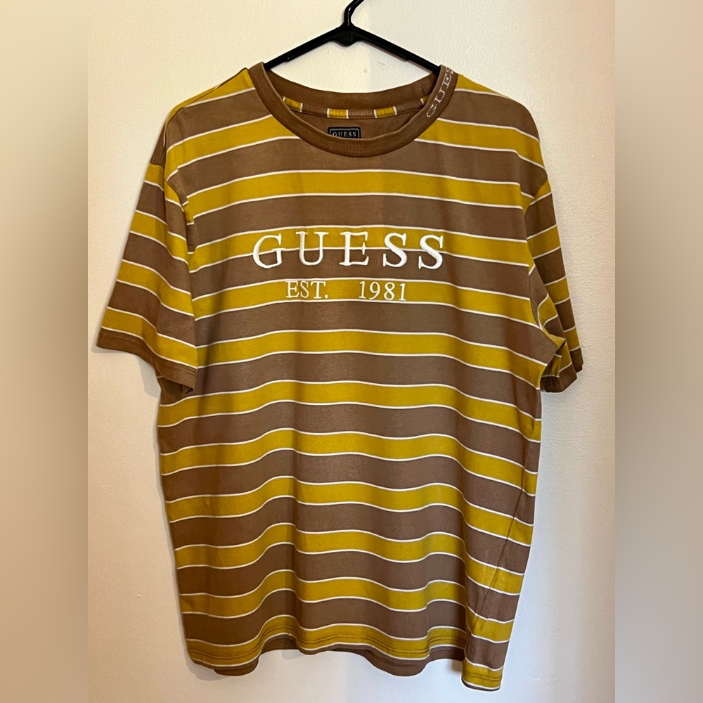 Guess Los Angeles Striped T-Shirt Mens M Embroidered Yellow Vtg Preppy Hiphop